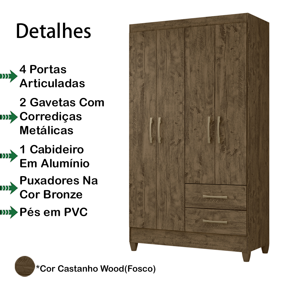 Guarda Roupa Solteiro 4 Portas 9523 Castanho Wood Moval