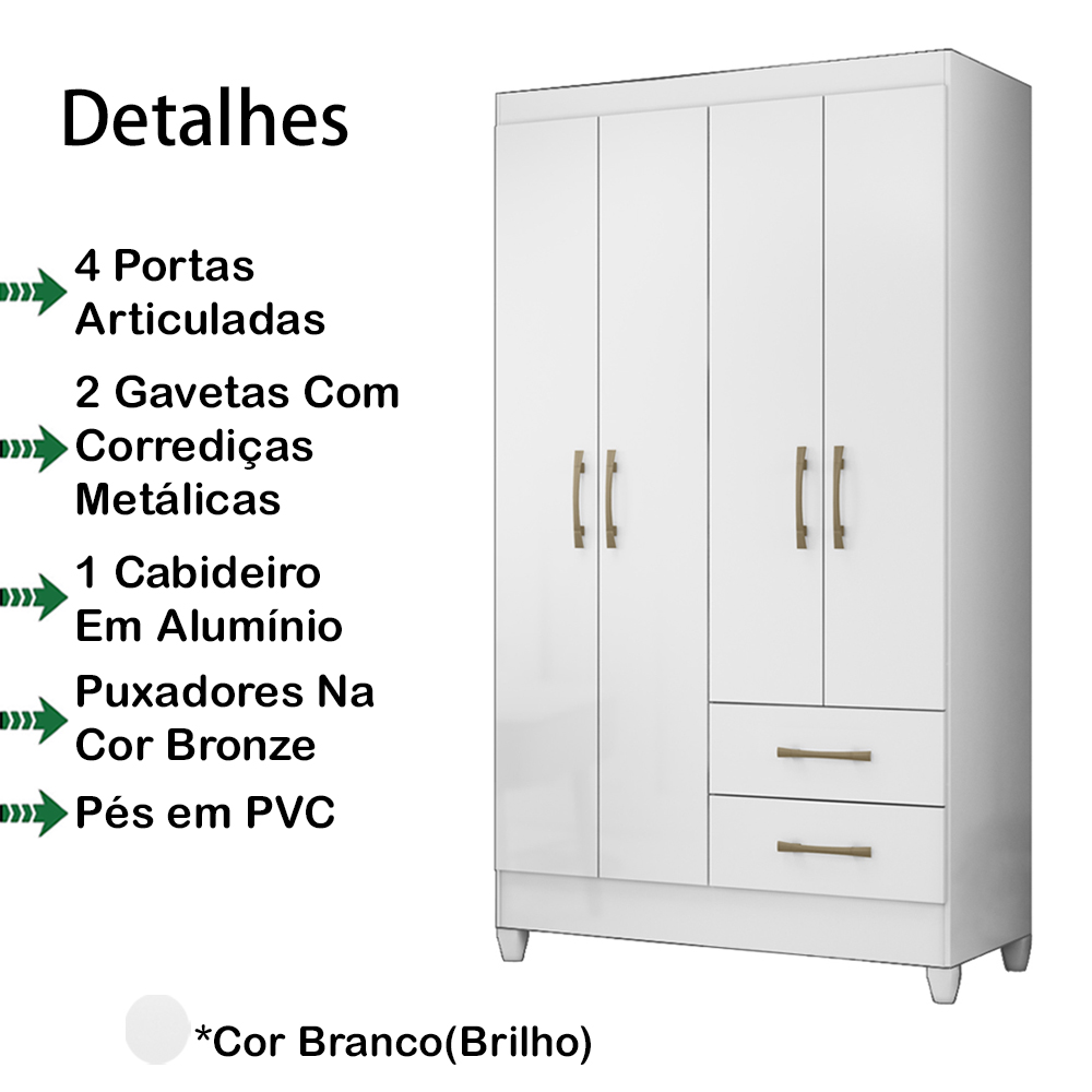 Guarda Roupa Solteiro 4 Portas 9524 Branco Moval