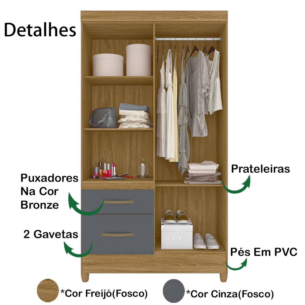 Guarda Roupa Solteiro 4 Portas Com Espelho 8520 Freijo Cinza Moval