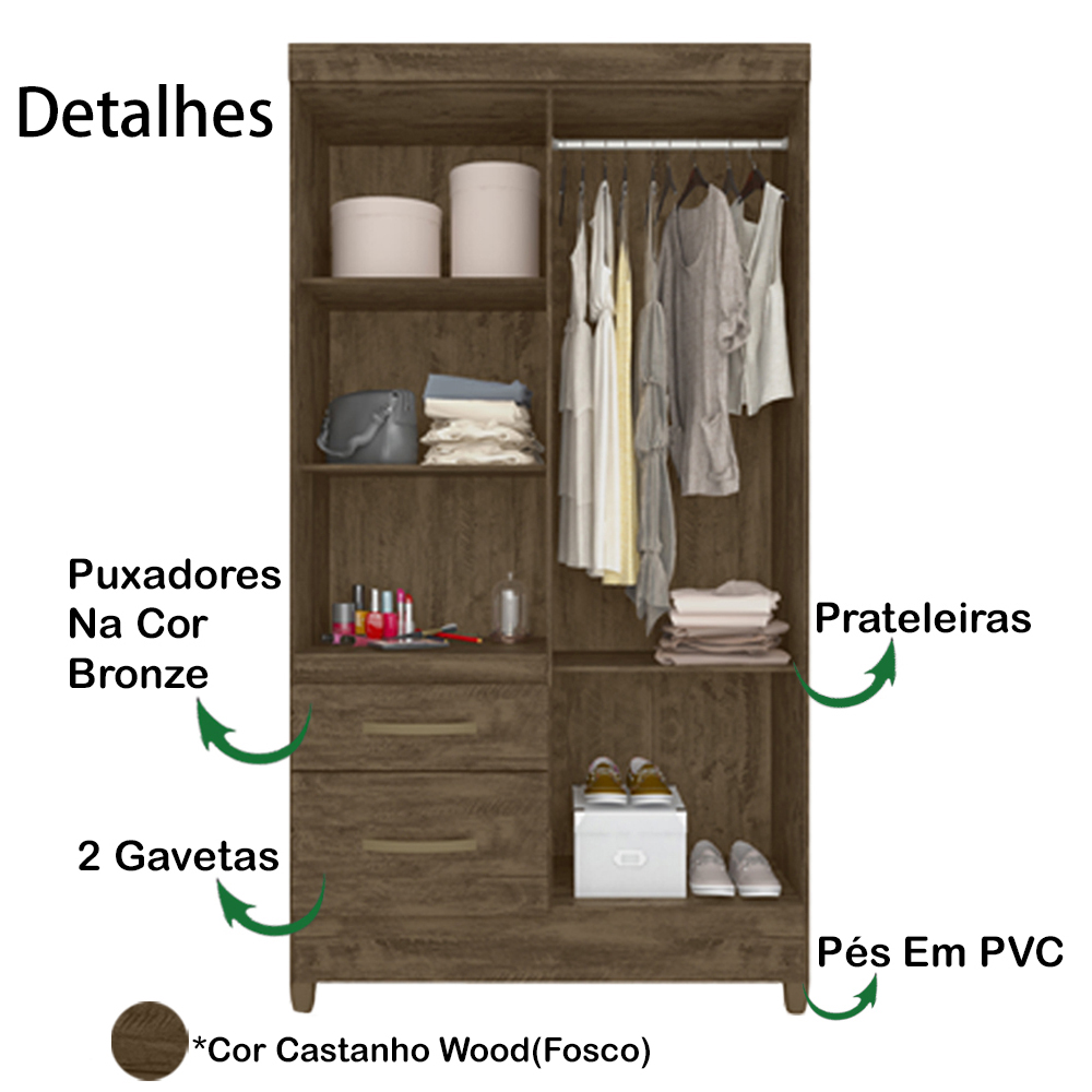 Guarda Roupa Solteiro 4 Portas Com Espelho 8523 Castanho Wood Moval