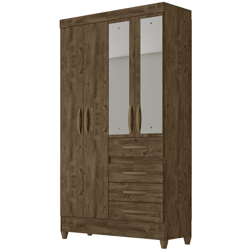 Guarda Roupa Solteiro 4 Portas Com Espelho 8703 Castanho Wood Moval