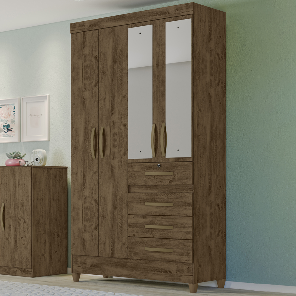 Guarda Roupa Solteiro 4 Portas Com Espelho 8703 Castanho Wood Moval