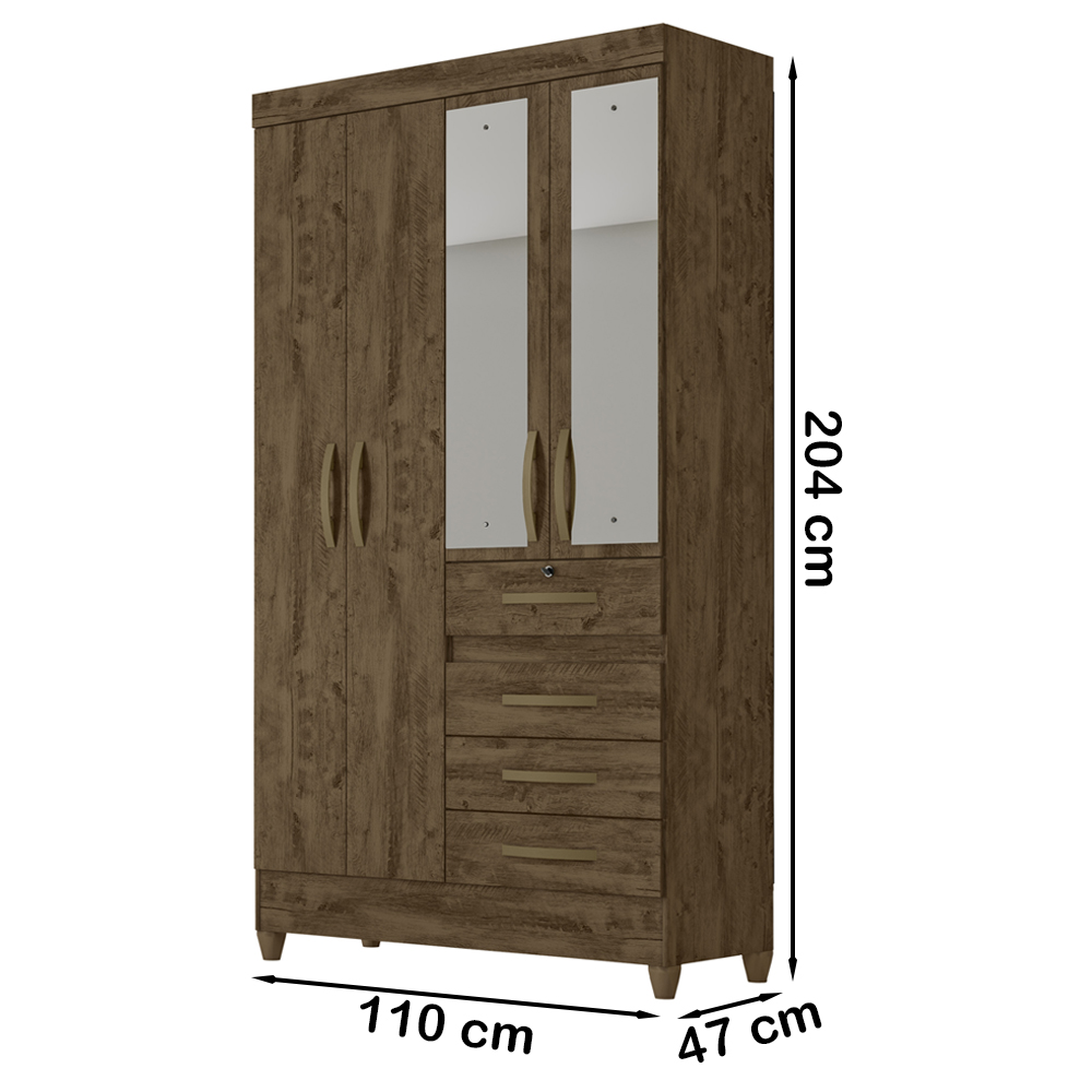 Guarda Roupa Solteiro 4 Portas Com Espelho 8703 Castanho Wood Moval
