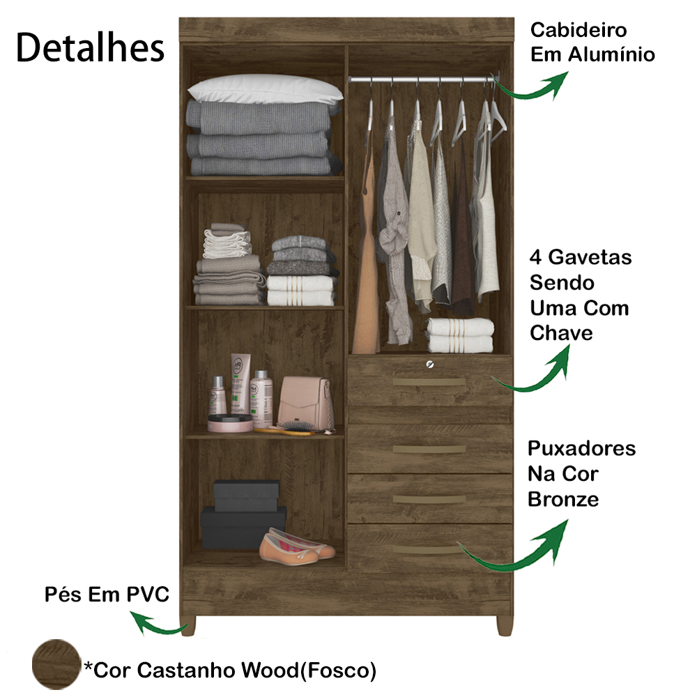 Guarda Roupa Solteiro 4 Portas Com Espelho 8703 Castanho Wood Moval
