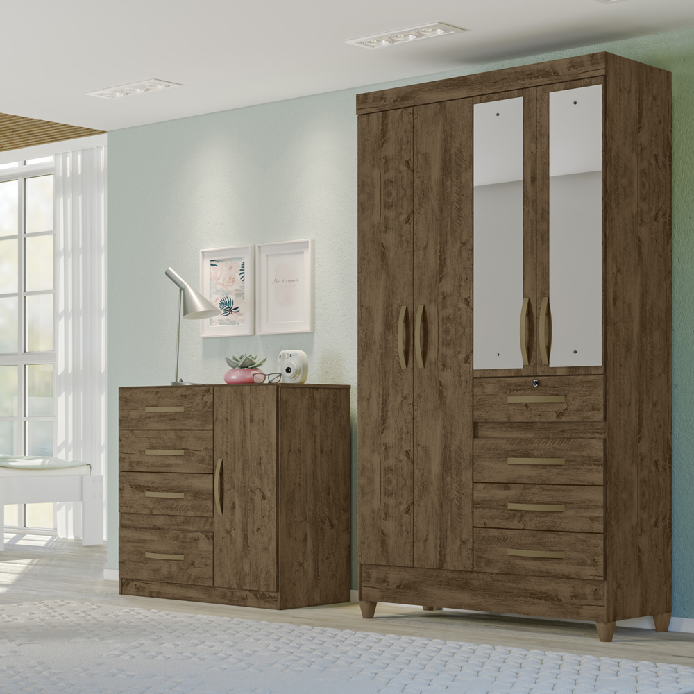 Guarda Roupa Solteiro 4 Portas Com Espelho 8703 Castanho Wood Moval