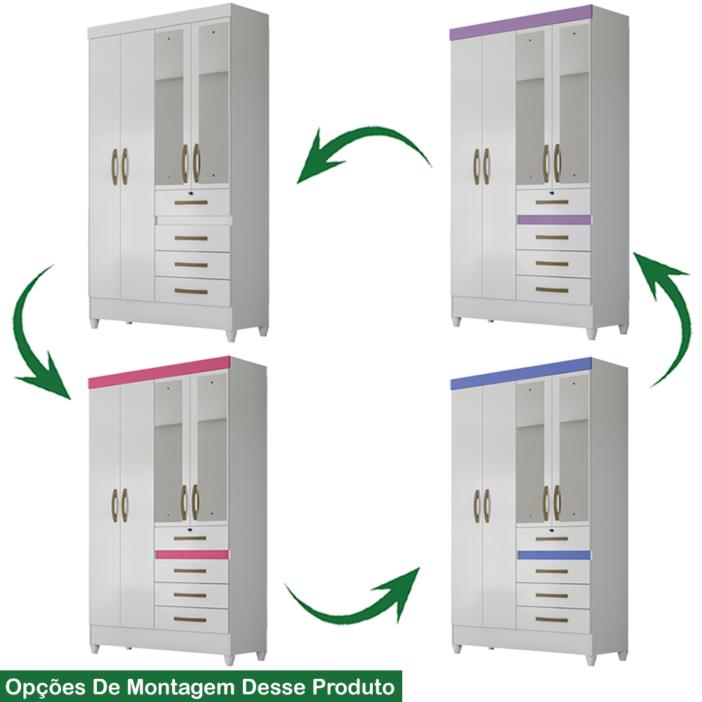 Guarda Roupa Solteiro 4 Portas Com Espelho 8704 Branco Flex Moval