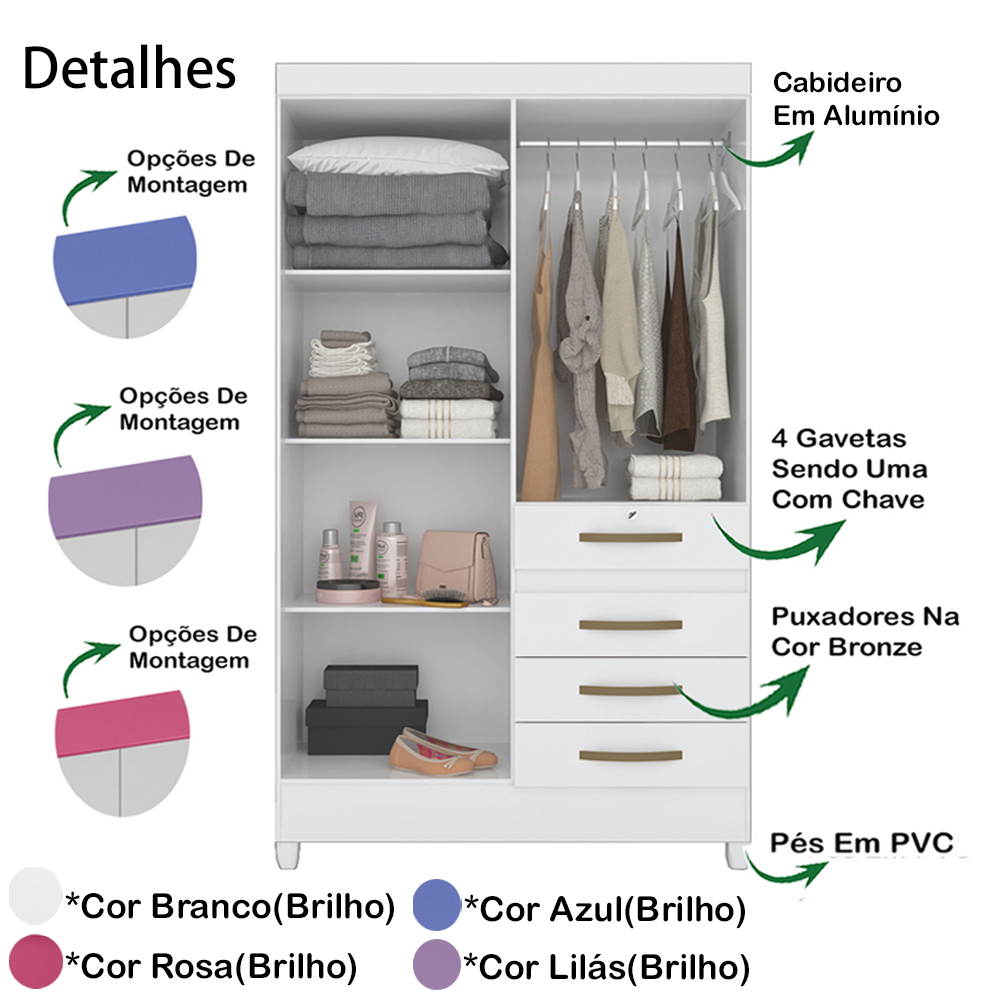 Guarda Roupa Solteiro 4 Portas Com Espelho 8704 Branco Flex Moval