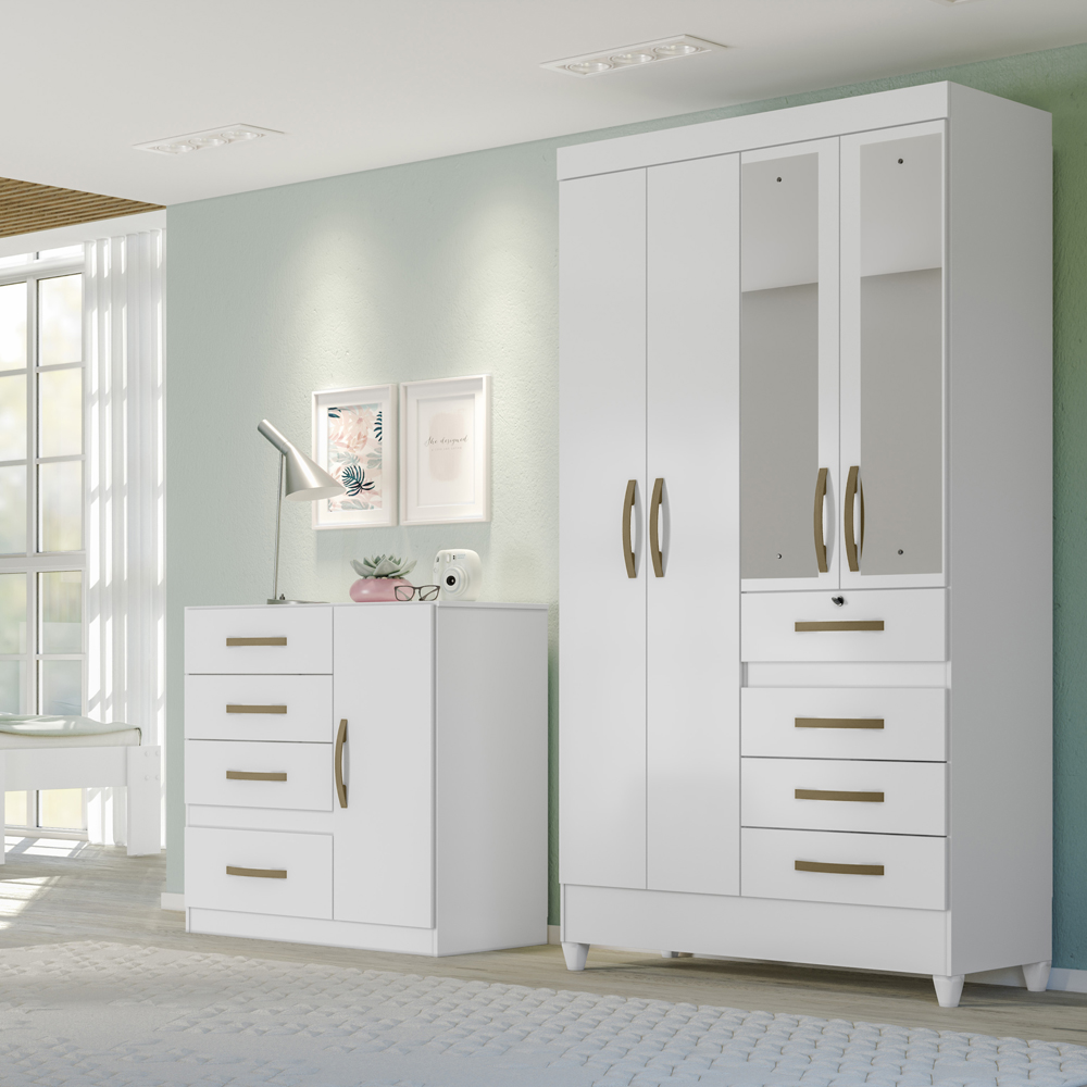 Guarda Roupa Solteiro 4 Portas Com Espelho 8704 Branco Flex Moval