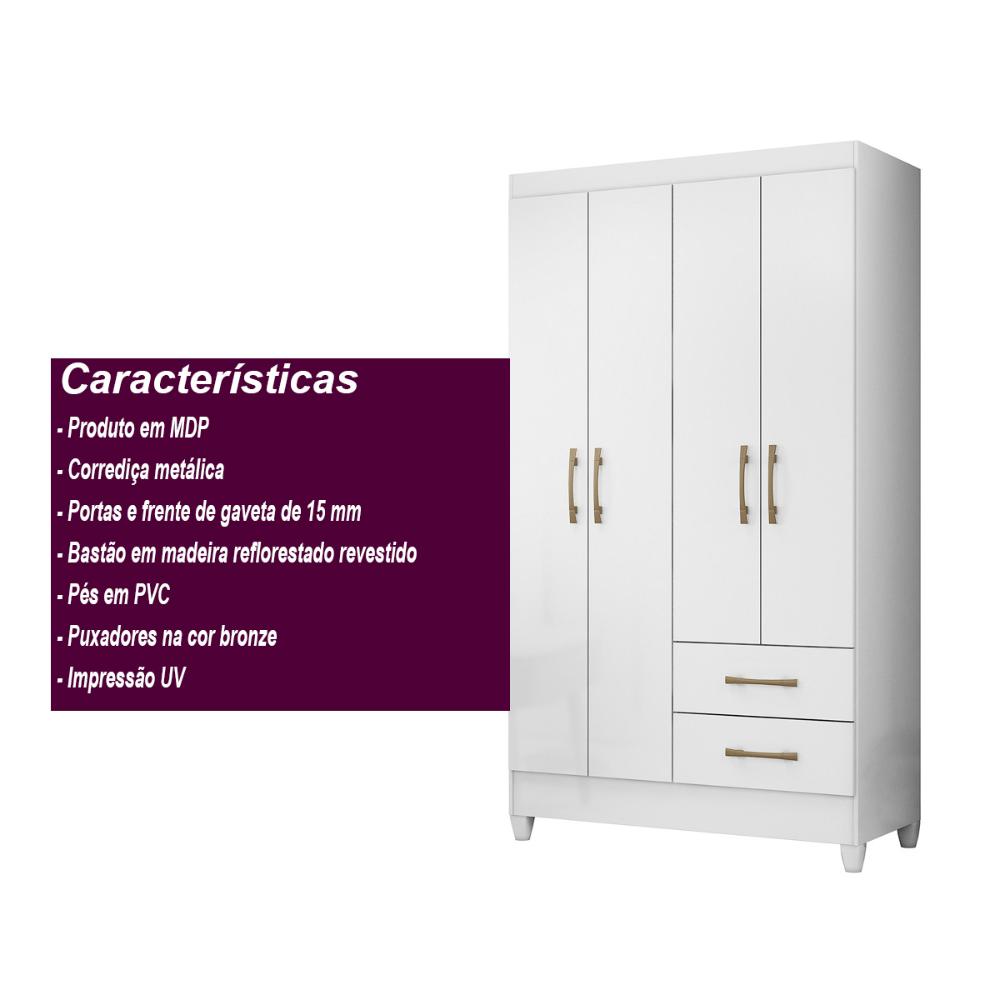 Guarda Roupa Solteiro 4 portas 2 gavetas Branco Chile - Moval