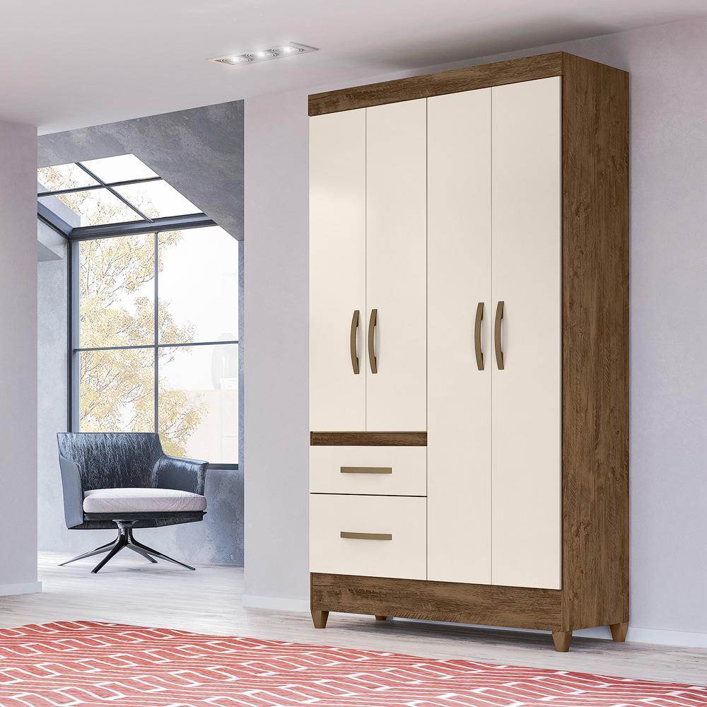 Guarda Roupa Solteiro 4 portas 2 gavetas Castanho Wood / Off White Madri - Moval