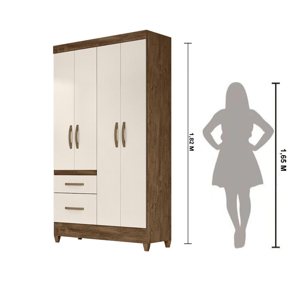 Guarda Roupa Solteiro 4 portas 2 gavetas Castanho Wood / Off White Madri - Moval