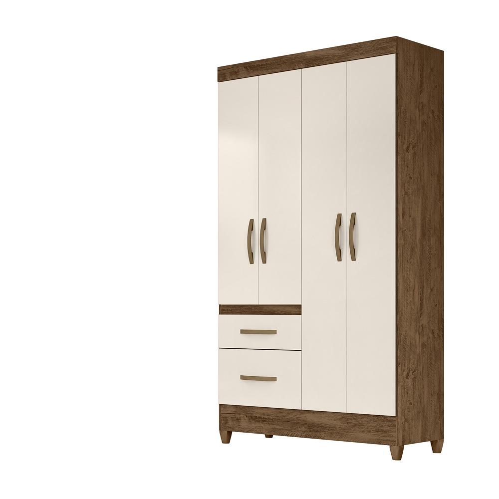 Guarda Roupa Solteiro 4 portas 2 gavetas Castanho Wood / Off White Madri - Moval