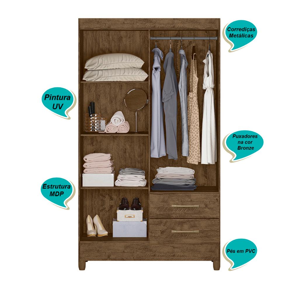 Guarda Roupa Solteiro 4 portas 2 gavetas Castanho Wood Chile - Moval