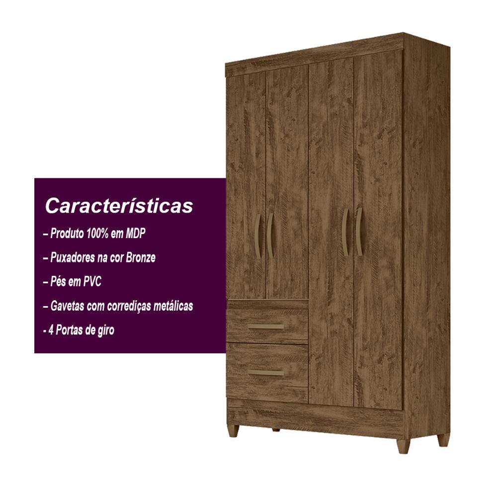 Guarda Roupa Solteiro 4 portas 2 gavetas Castanho Wood Madri - Moval