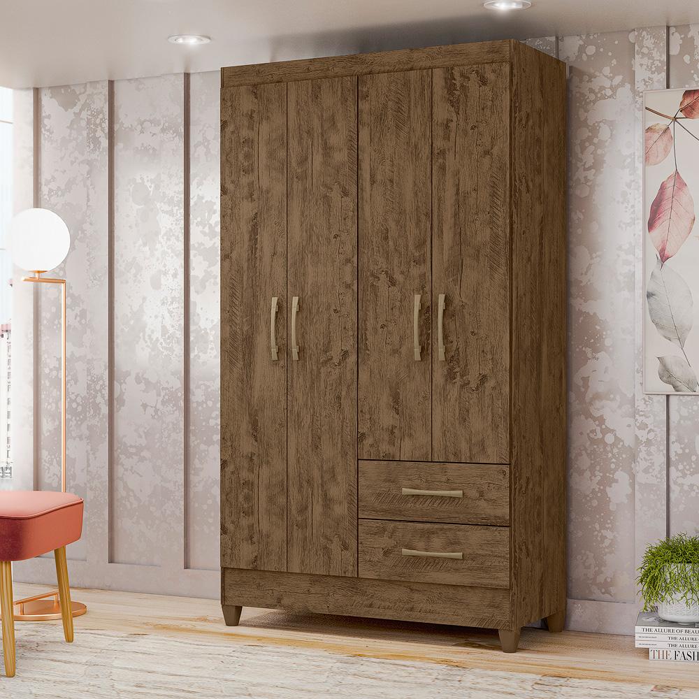 Guarda Roupa Solteiro 4 portas 2 gavetas Chile - Castanho Wood