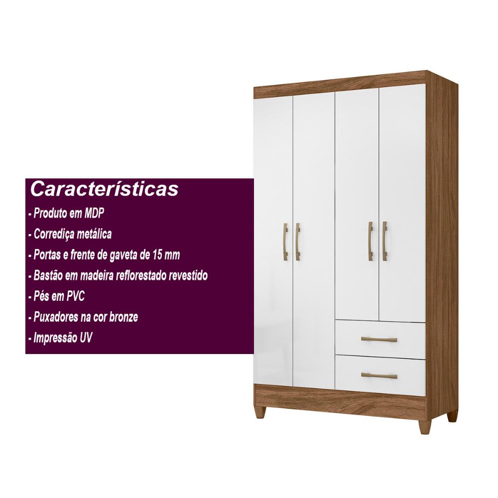 Guarda Roupa Solteiro 4 portas 2 gavetas Chile - Naturale / Branco