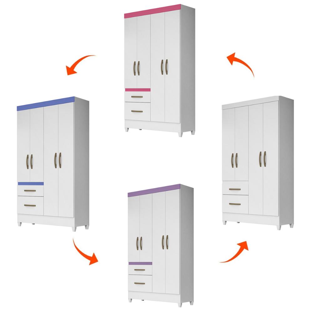 Guarda Roupa Solteiro 4 portas 2 gavetas Madri - Branco / Rosa / Azul / Lilas Flex