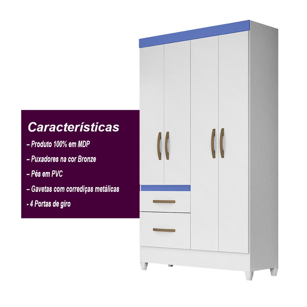 Guarda Roupa Solteiro 4 portas 2 gavetas Madri - Branco / Rosa / Azul / Lilas Flex