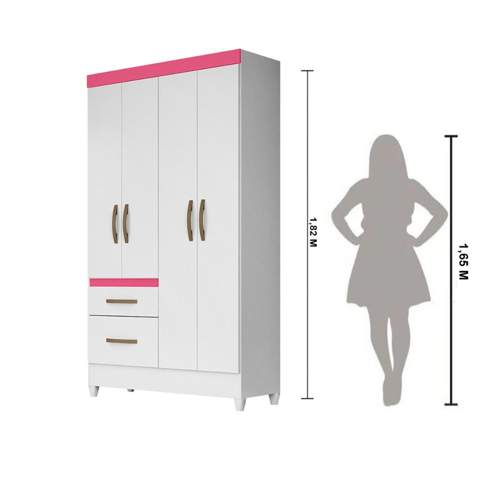 Guarda Roupa Solteiro 4 portas 2 gavetas Madri - Branco / Rosa / Azul / Lilas Flex