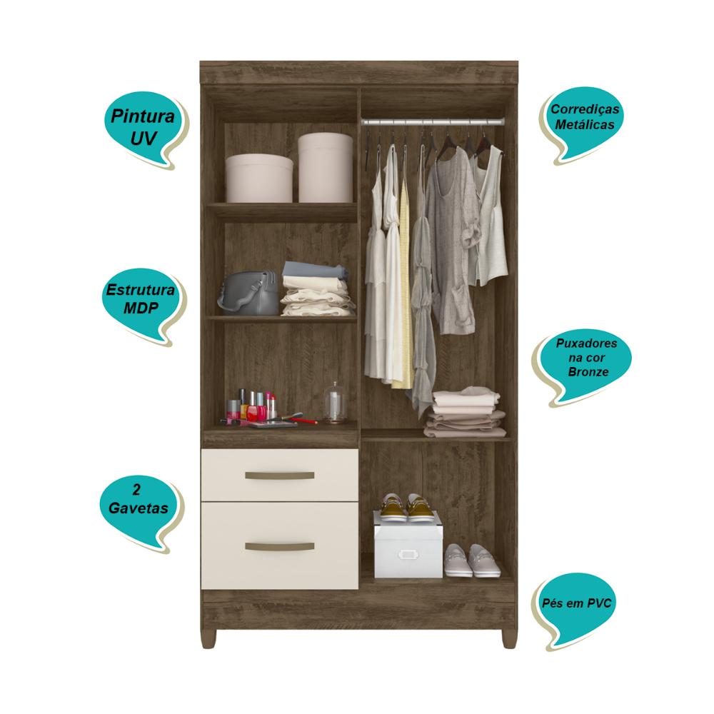 Guarda Roupa Solteiro 4 portas 2 gavetas Madri - Castanho Wood / Off White