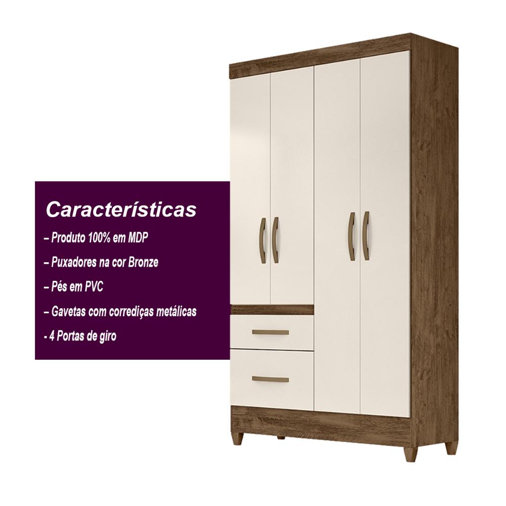 Guarda Roupa Solteiro 4 portas 2 gavetas Madri - Castanho Wood / Off White