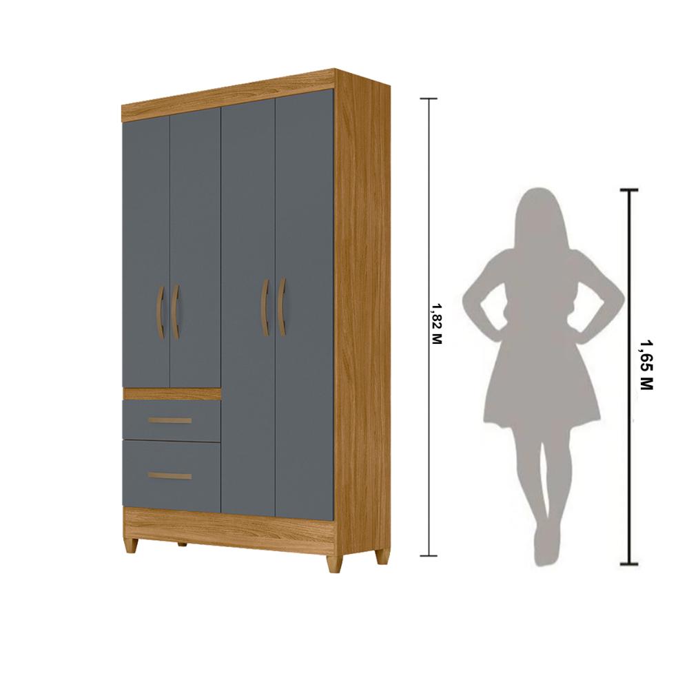 Guarda Roupa Solteiro 4 portas 2 gavetas Madri - Freijo / Cinza