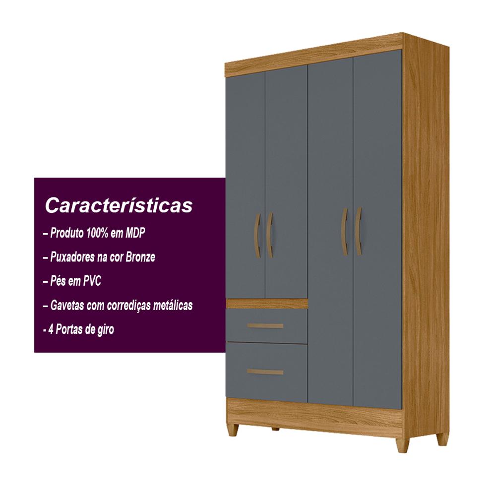 Guarda Roupa Solteiro 4 portas 2 gavetas Madri - Freijo / Cinza