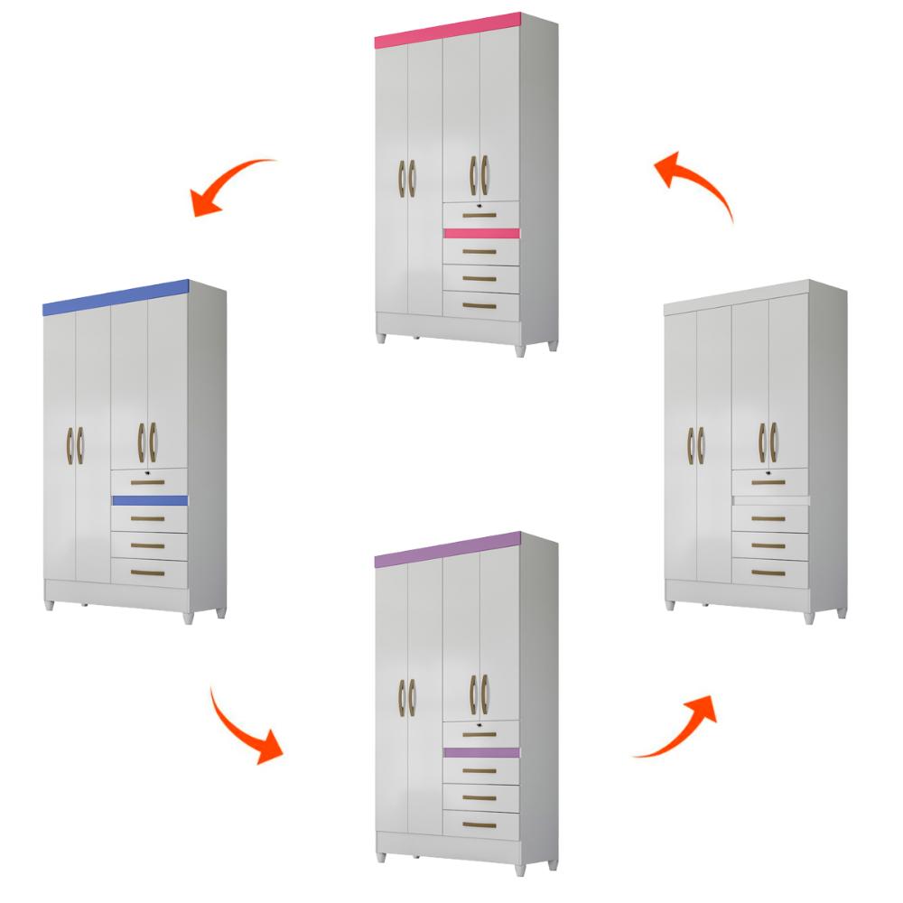 Guarda Roupa Solteiro 4 portas 4 gavetas Branco / Rosa / Azul / Lilas Flex Sobral - Moval