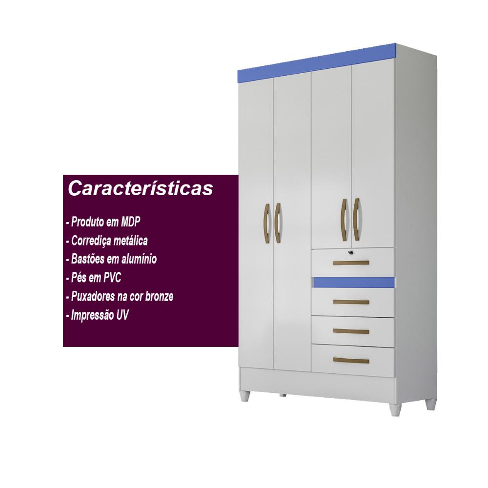Guarda Roupa Solteiro 4 portas 4 gavetas Branco / Rosa / Azul / Lilas Flex Sobral - Moval