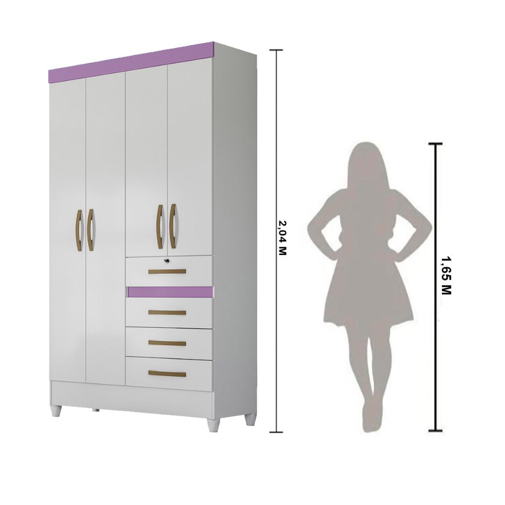 Guarda Roupa Solteiro 4 portas 4 gavetas Branco / Rosa / Azul / Lilas Flex Sobral - Moval
