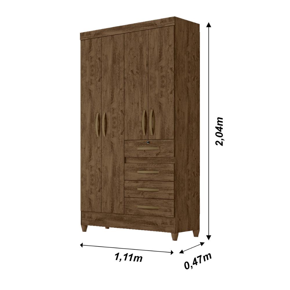 Guarda Roupa Solteiro 4 portas 4 gavetas Castanho Wood Sobral - Moval
