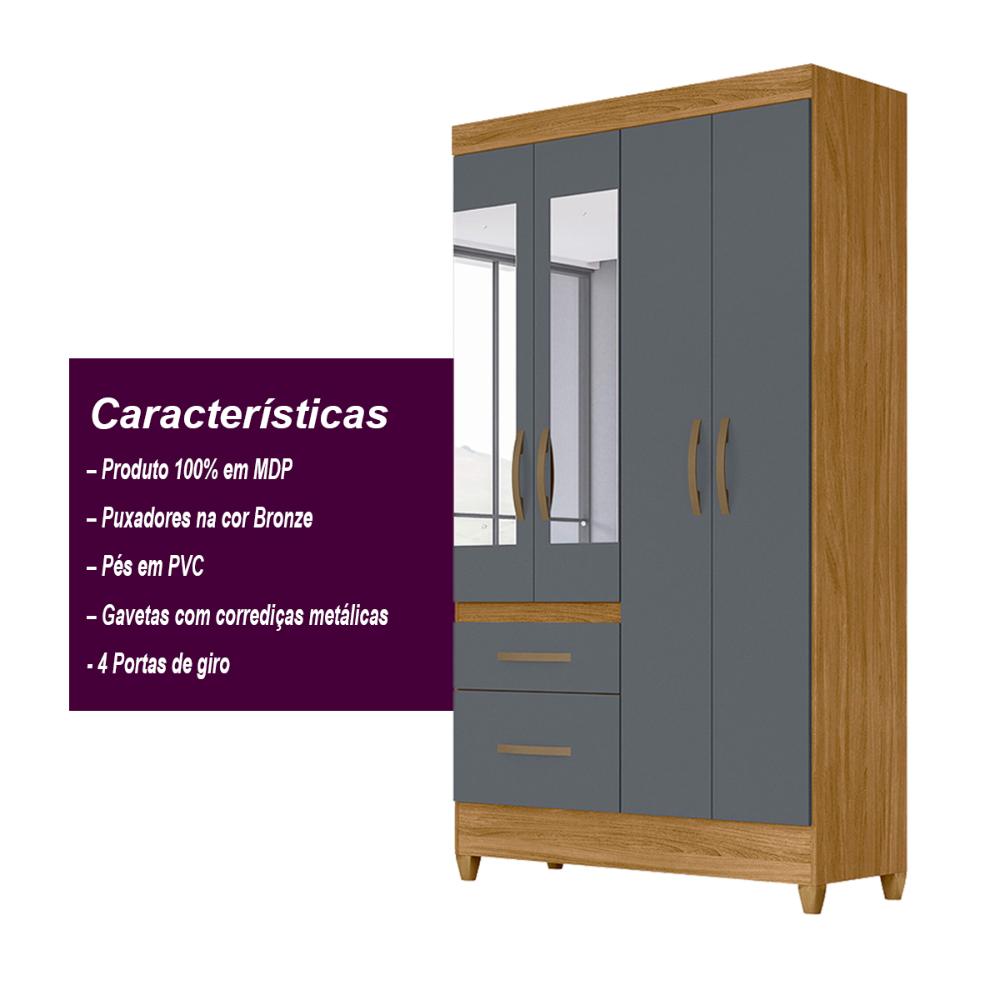 Guarda Roupa Solteiro 4 portas com espelho 2 gavetas Freijo / Cinza Madri - Moval