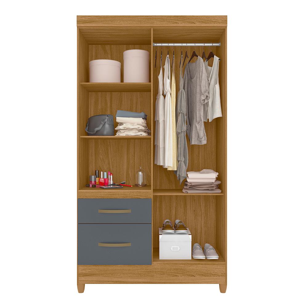 Guarda Roupa Solteiro 4 portas com espelho 2 gavetas Freijo / Cinza Madri - Moval