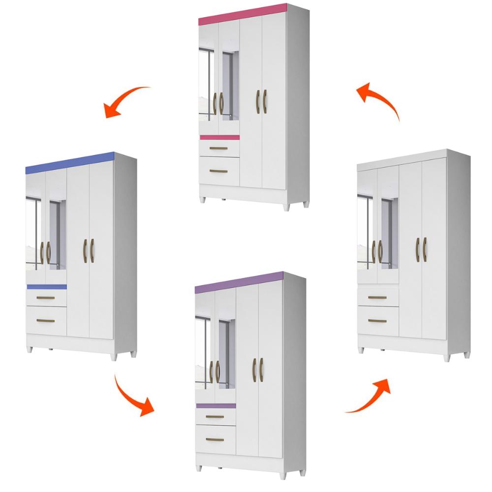 Guarda Roupa Solteiro 4 portas com espelho 2 gavetas Madri - Branco / Rosa / Azul / Lilas Flex