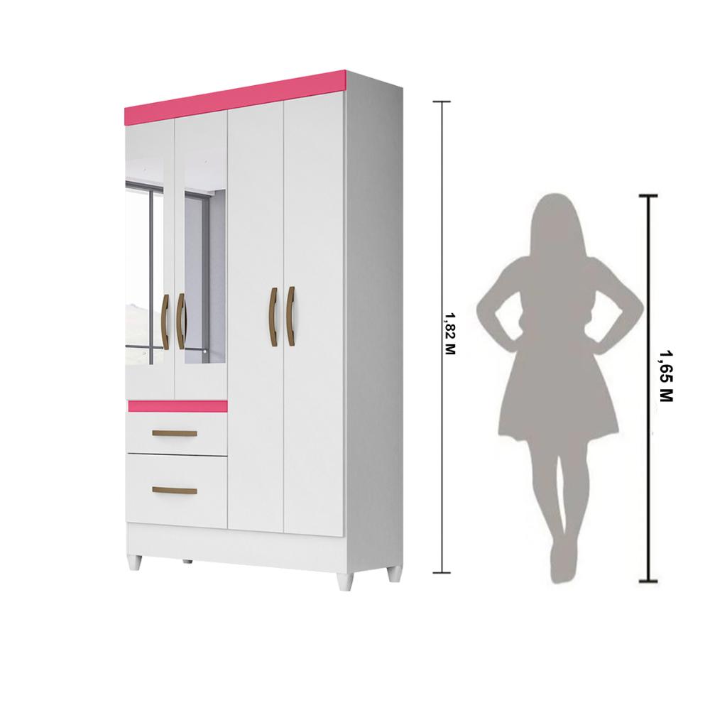 Guarda Roupa Solteiro 4 portas com espelho 2 gavetas Madri - Branco / Rosa / Azul / Lilas Flex