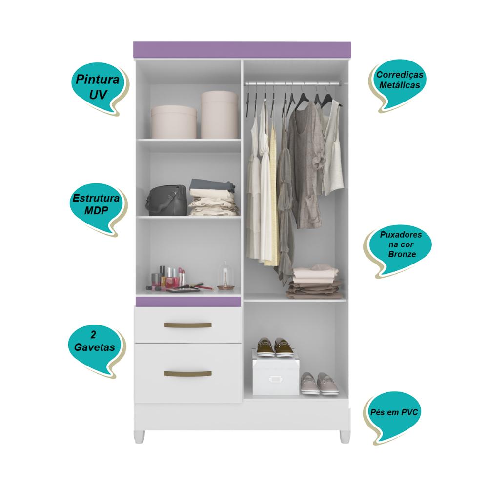 Guarda Roupa Solteiro 4 portas com espelho 2 gavetas Madri - Branco / Rosa / Azul / Lilas Flex