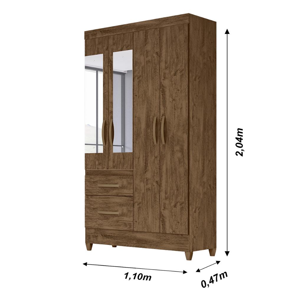 Guarda Roupa Solteiro 4 portas com espelho 2 gavetas Madri - Castanho Wood