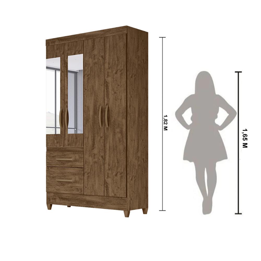 Guarda Roupa Solteiro 4 portas com espelho 2 gavetas Madri - Castanho Wood