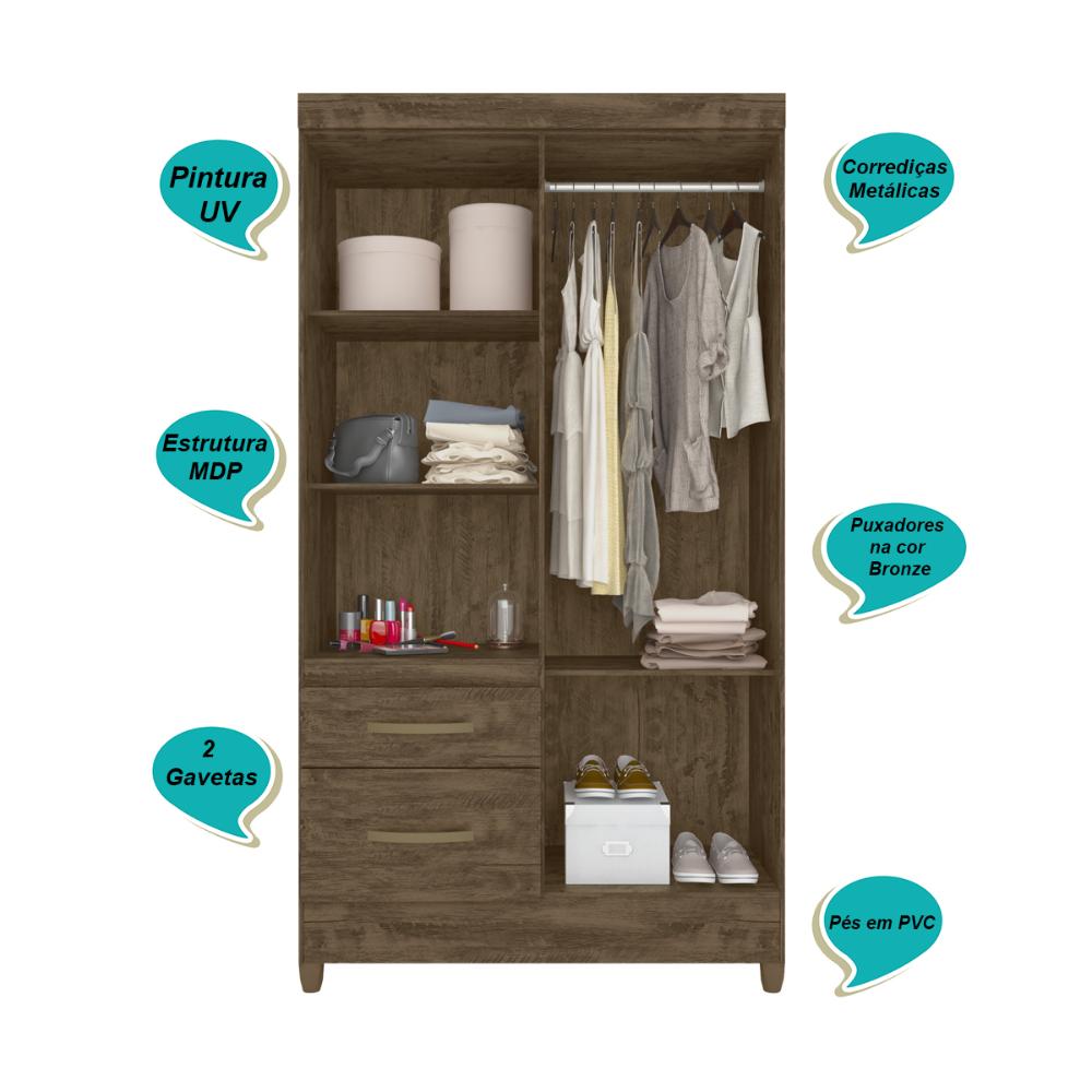 Guarda Roupa Solteiro 4 portas com espelho 2 gavetas Madri - Castanho Wood