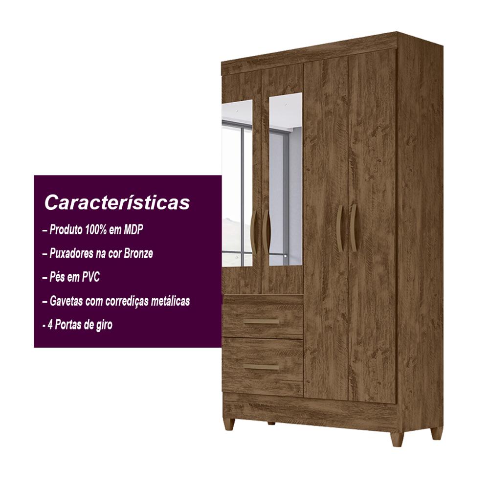 Guarda Roupa Solteiro 4 portas com espelho 2 gavetas Madri - Castanho Wood