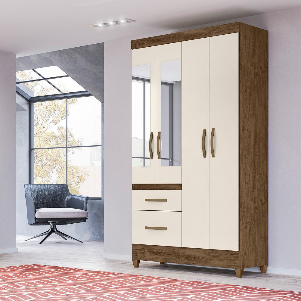 Guarda Roupa Solteiro 4 portas com espelho 2 gavetas Madri - Castanho Wood / Off White