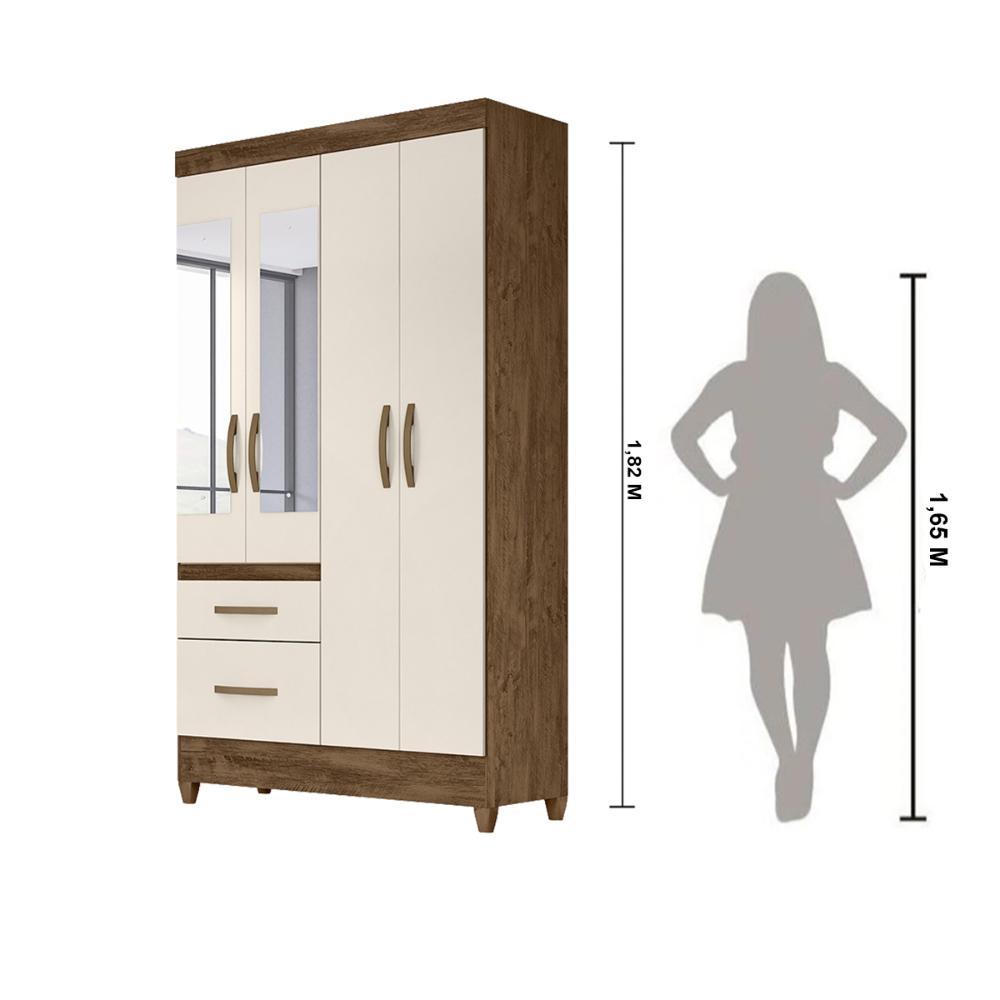 Guarda Roupa Solteiro 4 portas com espelho 2 gavetas Madri - Castanho Wood / Off White