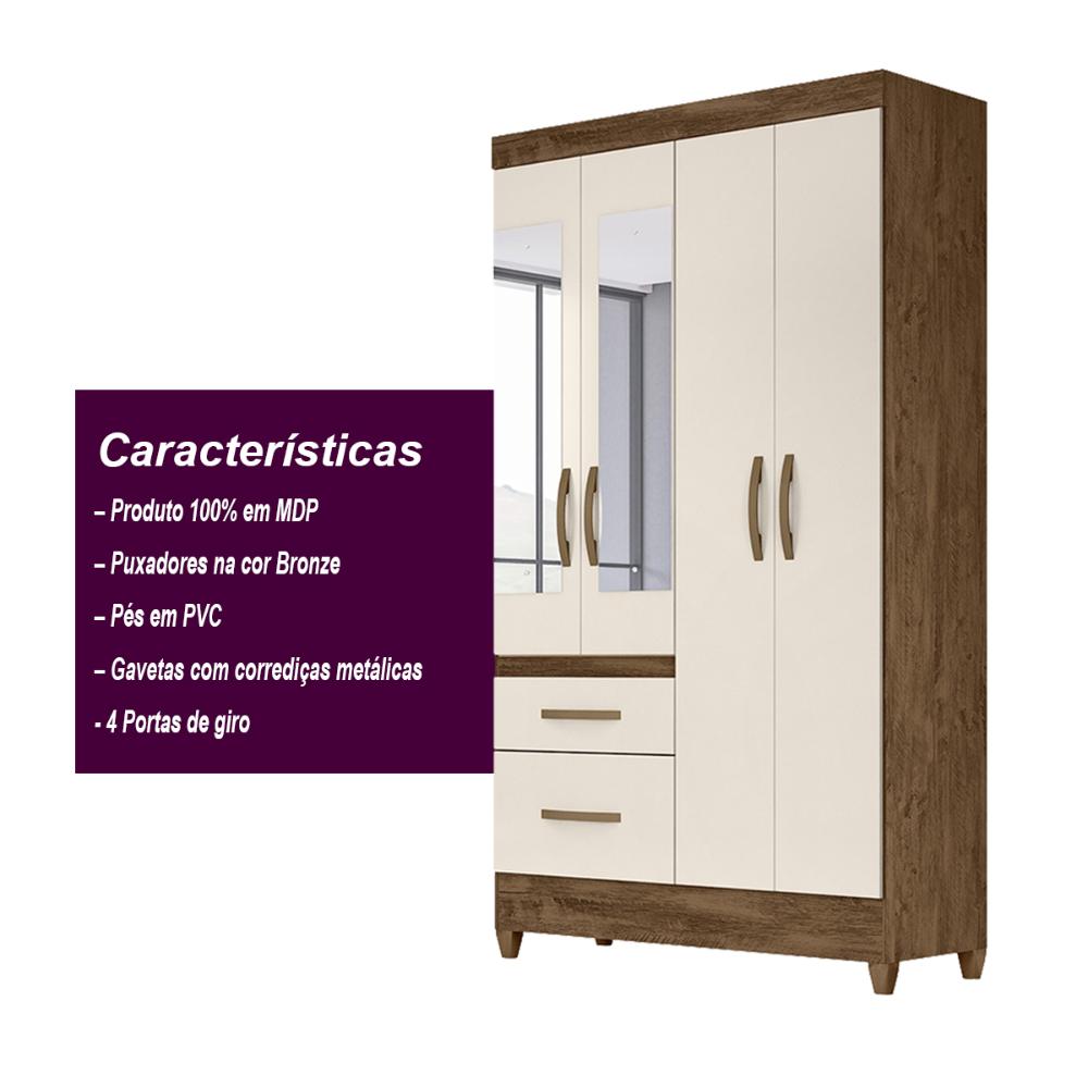 Guarda Roupa Solteiro 4 portas com espelho 2 gavetas Madri - Castanho Wood / Off White
