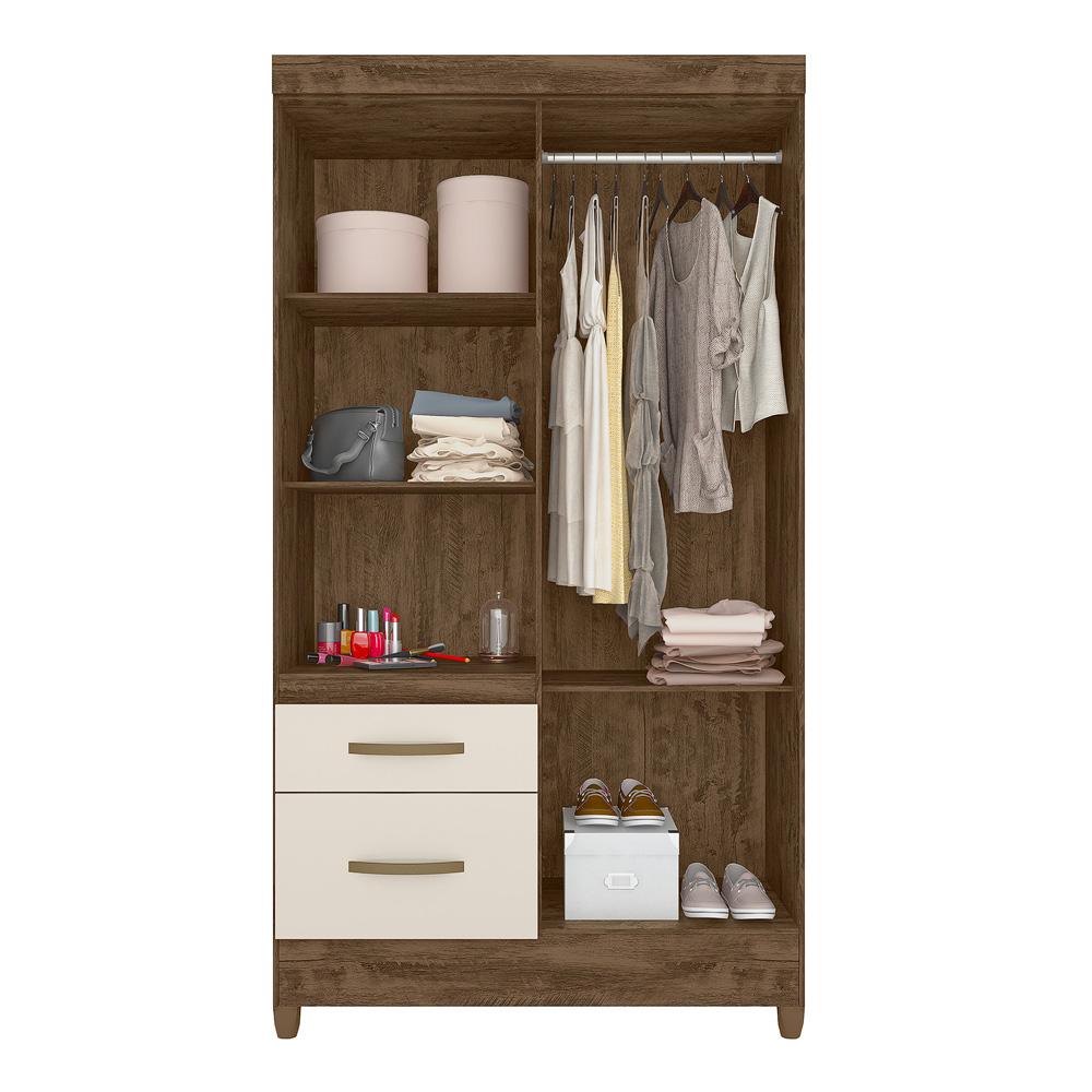 Guarda Roupa Solteiro 4 portas com espelho 2 gavetas Madri - Castanho Wood / Off White