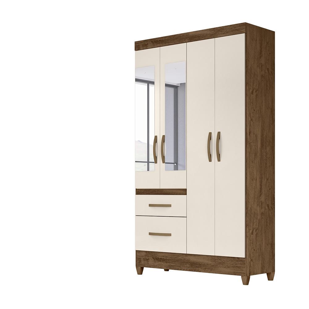 Guarda Roupa Solteiro 4 portas com espelho 2 gavetas Madri - Castanho Wood / Off White