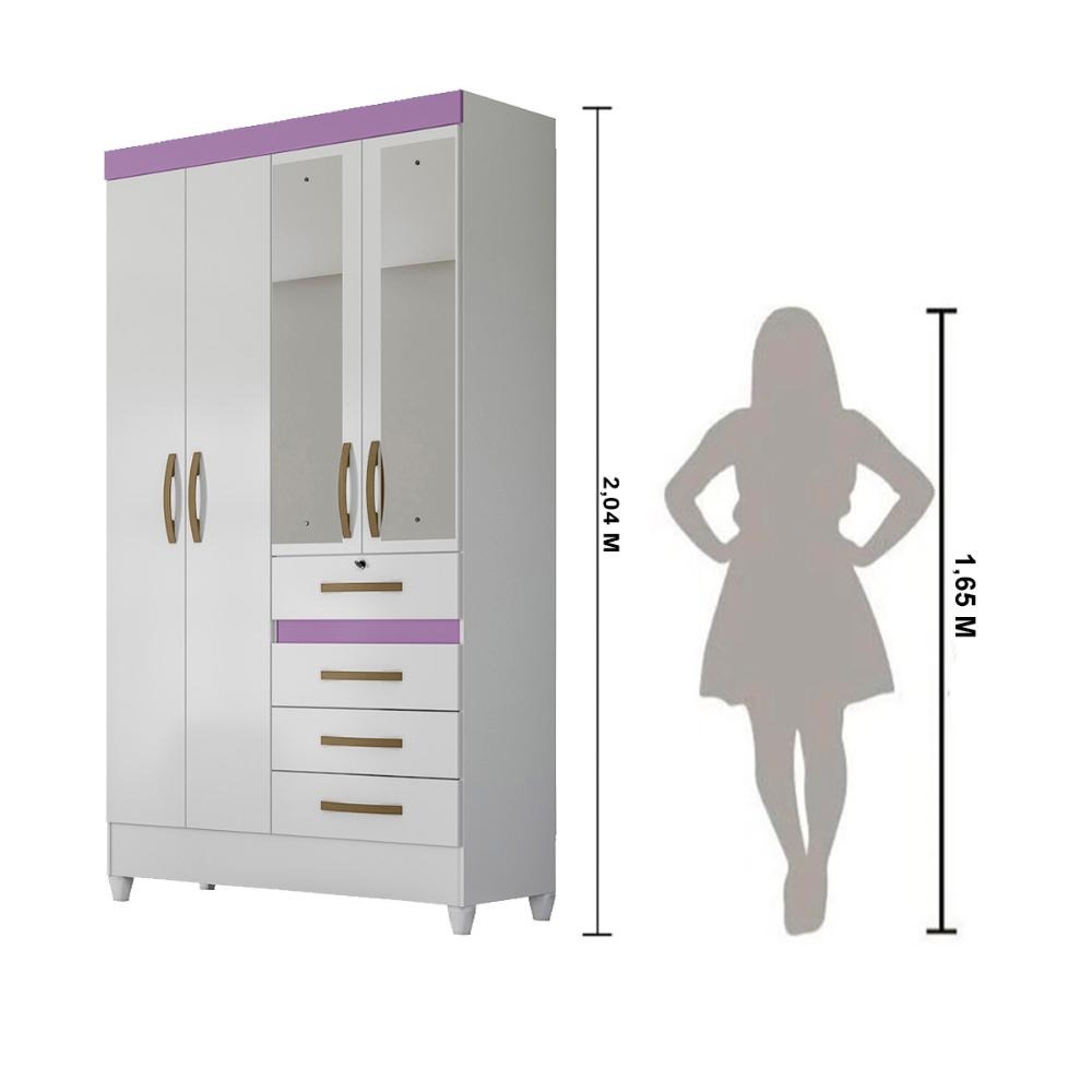 Guarda Roupa Solteiro 4 portas com espelho 4 gavetas Branco / Rosa / Azul / Lilas Flex Sobral