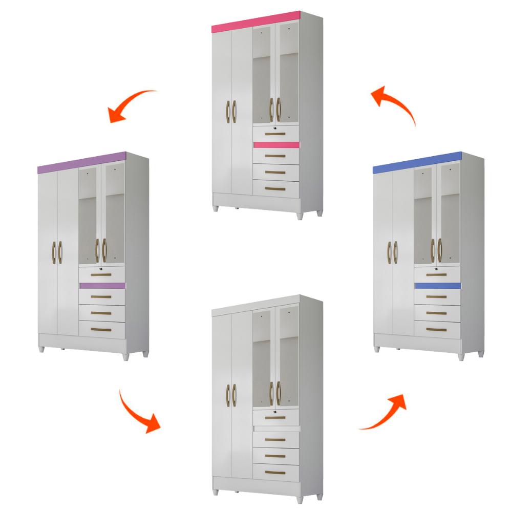 Guarda Roupa Solteiro 4 portas com espelho 4 gavetas Branco / Rosa / Azul / Lilas Flex Sobral