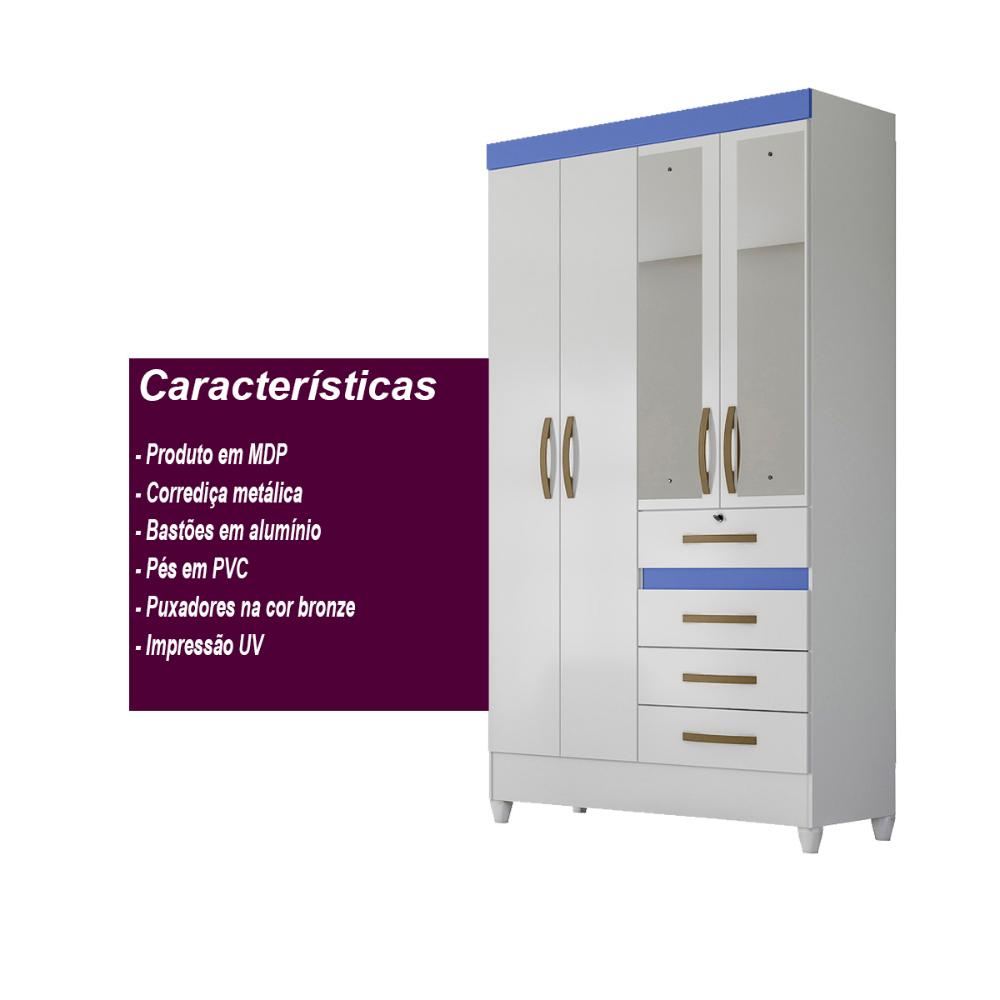 Guarda Roupa Solteiro 4 portas com espelho 4 gavetas Branco / Rosa / Azul / Lilas Flex Sobral