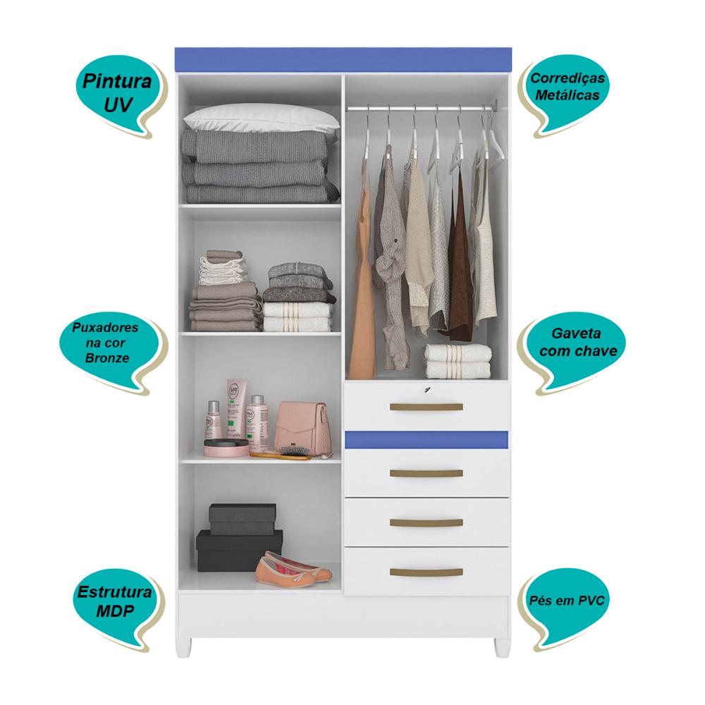 Guarda Roupa Solteiro 4 portas com espelho 4 gavetas Branco / Rosa / Azul / Lilas Flex Sobral