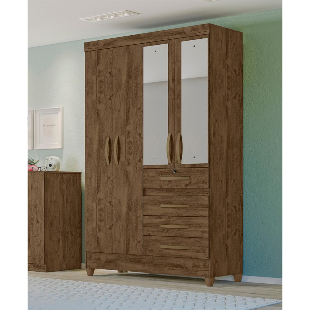 Guarda Roupa Solteiro 4 portas com espelho 4 gavetas Sobral - Castanho Wood